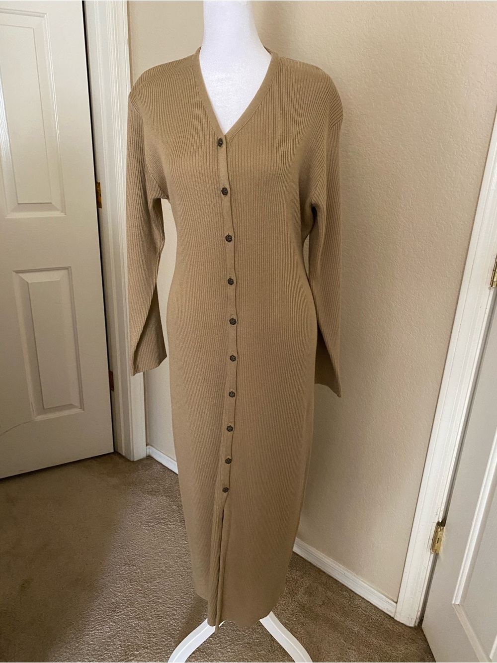 Carole Little Ribbed Button-Front Maxi Dress in Tan